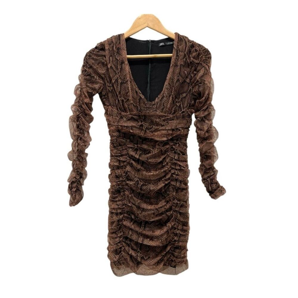 Zara Brown Snake Print Ruched Mesh Mini Dress Long Sleeve Bodycon Euro Siren S - Picture 12 of 14